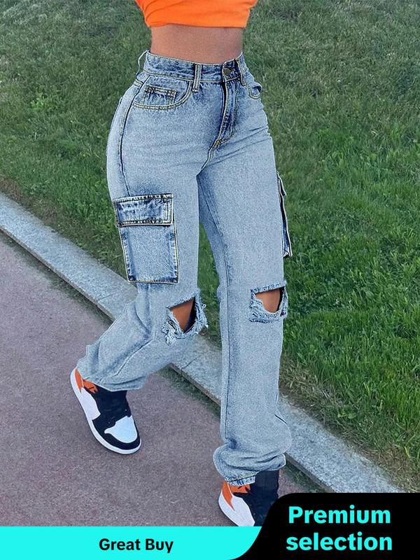 Women's Plain Ripped Flap Pocket Button Fly Straight Leg Jeans, Fashion Streetwear, Jeans for Women, Casual Denim Pants for Daily Wear, Ladies Bottoms for All Seasons