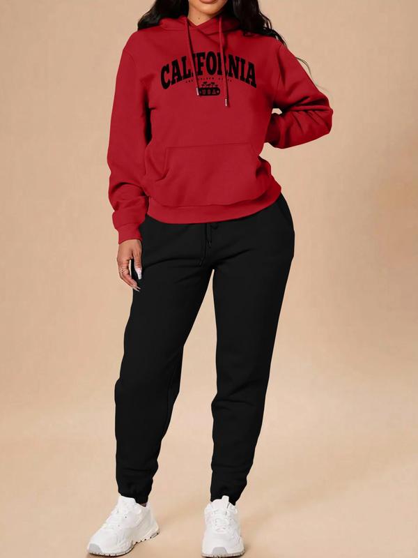 Women's Letter Print Pocket Hoodie & Drawstring Waist Pants Two-piece Set, Casual Long Sleeve Hooded Sweatshirt & Pocket Trousers, Women's Fall & Winter Clothes for Daily Wear