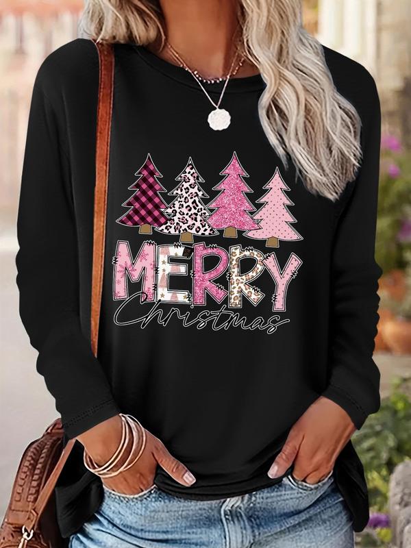 Women's Christmas Tree & Letter Print Drop Shoulder Tee, Casual Long Sleeve Round Neck Pullover for Daily Wear, Ladies Fall & Winter Clothes