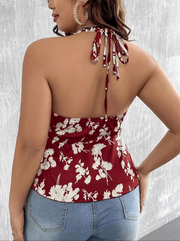  Vintage Floral Print Ruched Tie Back Cami Top, Boho Elegant Backless Halter Top for Daily Holiday Vacation Wear, Back To School Clothes, Women Plus Clothing for Summer