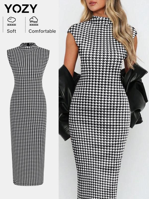 YOZY Christmas Deals, Women's All Over Houndstooth Print Drop Shoulder Bodycon Dress, Elegant Fashion Casual Mock Neck Cap Sleeve Midi Dress for Daily Outdoor Wear, Christmas 2024 Trend, Fall & Winter Clothes