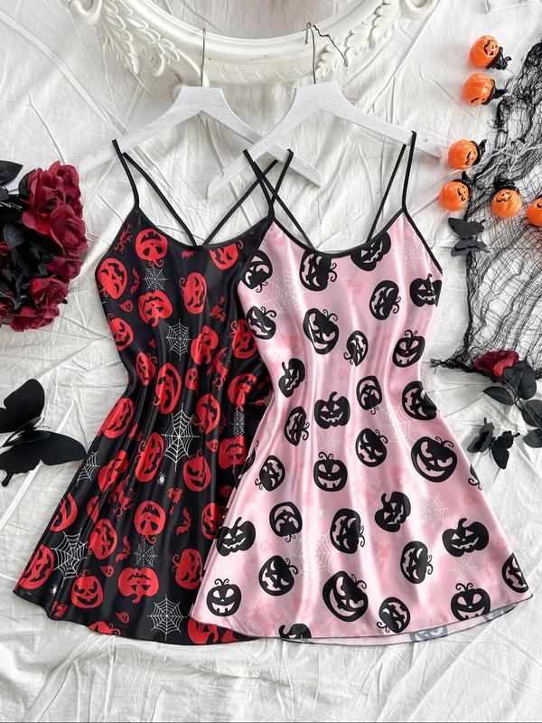 Women's All Over Pumpkin Print Cami Nightdress, Casual Soft Comfortable Halloween Criss Cross Backless Nightgown for All Seasons, Nightwear Sets, Fashion Ladies' Sleepwear for Daily Wear, Halloween Pajamas, Homecoming Dresses 2024