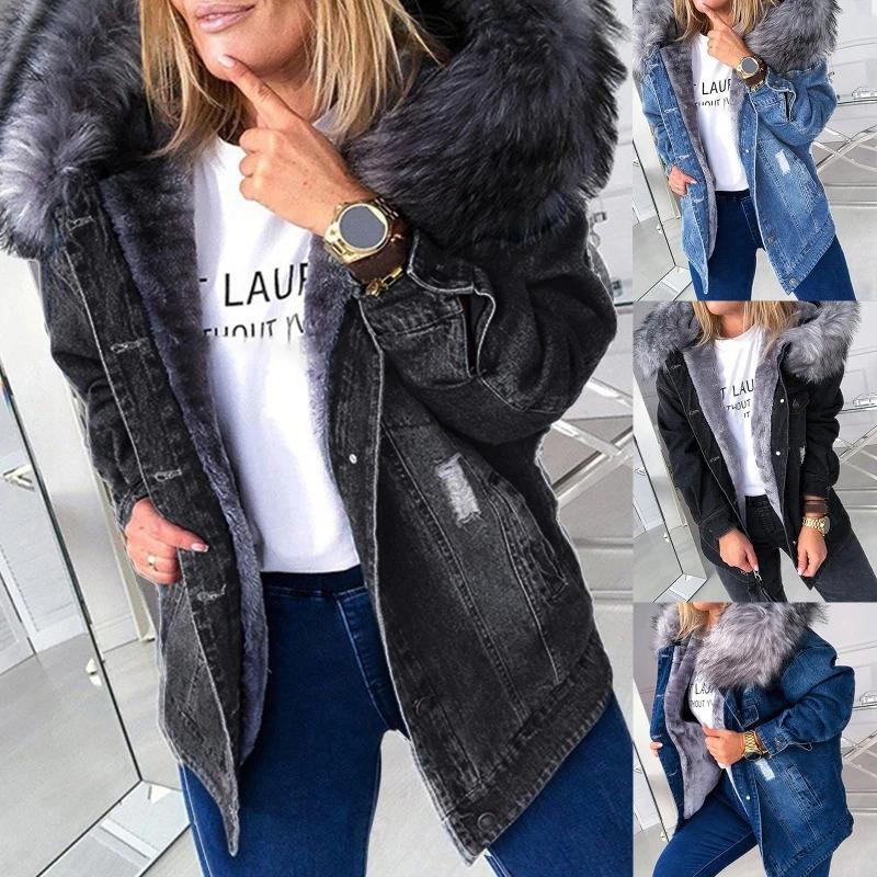 Women Winter Warm Fluffy Collar Hooded Denim Jacket Thick Plush Lined Warm Long Sleeve Jean Coat Button Down Oversized Loose Out