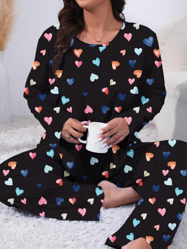 Two-Piece Set Plus Size Heart Print Pyjama Lounge Set, Casual Long Sleeve Tee & Pants, Women's Plus Sleepwear & Homewear for Spring & Fall, Fall Wear, Fallfreshness