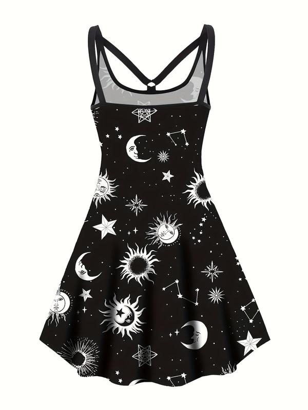 Women's Moon & Star Print Cut Out Backless Scoop Neck Tank Dress, Elegant Ring Linked A Line Short Dress for Vacation Holiday Party, Summer Outfits, Ladies Summer Dress, Womenswear