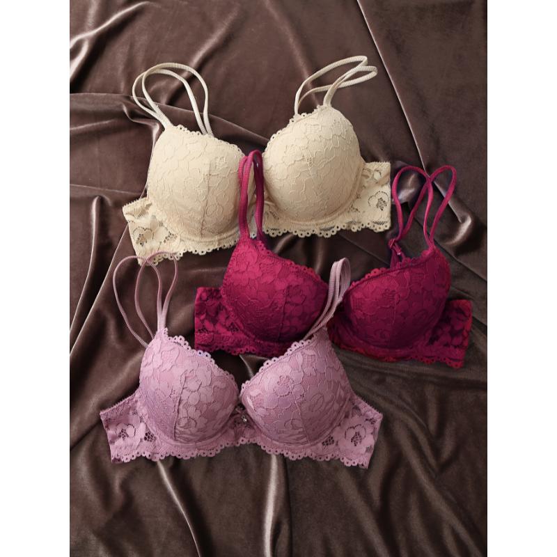 3pcs Contrast Lace Push Up Bras, Comfy & Breathable Intimates Bra, Women's Lingerie & Underwear casual lady sexy comfy