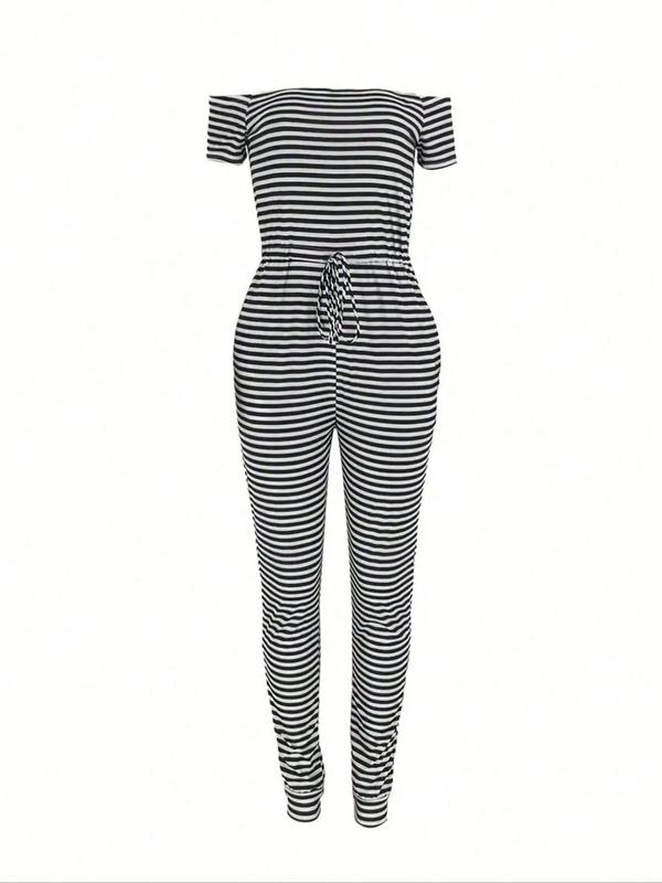 Women's Striped Print Off Shoulder Drawstring Jumpsuit, Casual Pocket High Waist Jumpsuit for Summer, Women's Clothing for Daily Wear