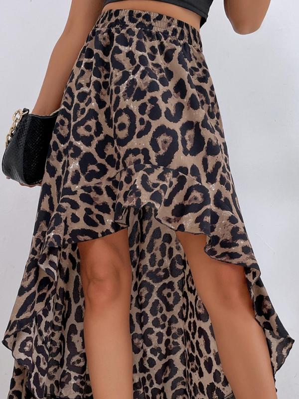 Women's Leopard Print High Low Ruffle Hem Skirt, Casual Elastic Waist A Line Skirt, Summer Clothes Women, Women's Bottoms