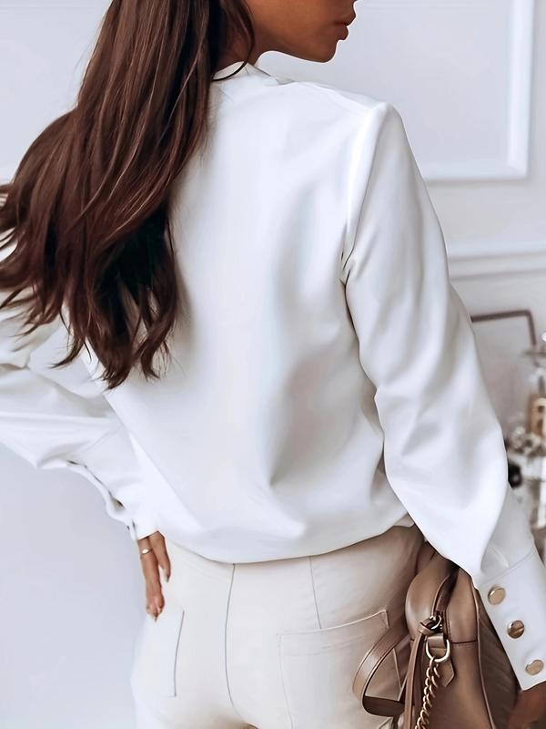 Women's Plain Button Front Blouse, Elegant Long Sleeve Stand Collar Top for Fall & Winter, Women's Clothing for Daily Wear