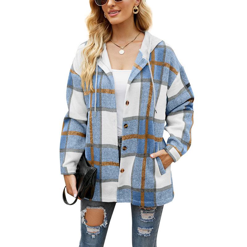 2024 Women's Autumn and Winter New Women's Plaid Coat Hooded Casual Loose Shirt