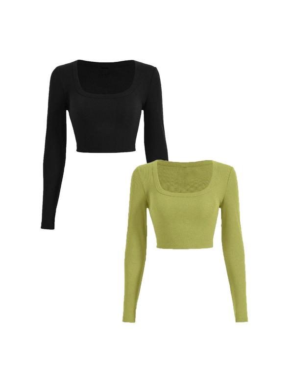 Women's Square Neck Long Sleeve Crop Tee, Casual Plain Ribbed T-shirt For Spring & Fall, Women's Clothes For Daily Wear