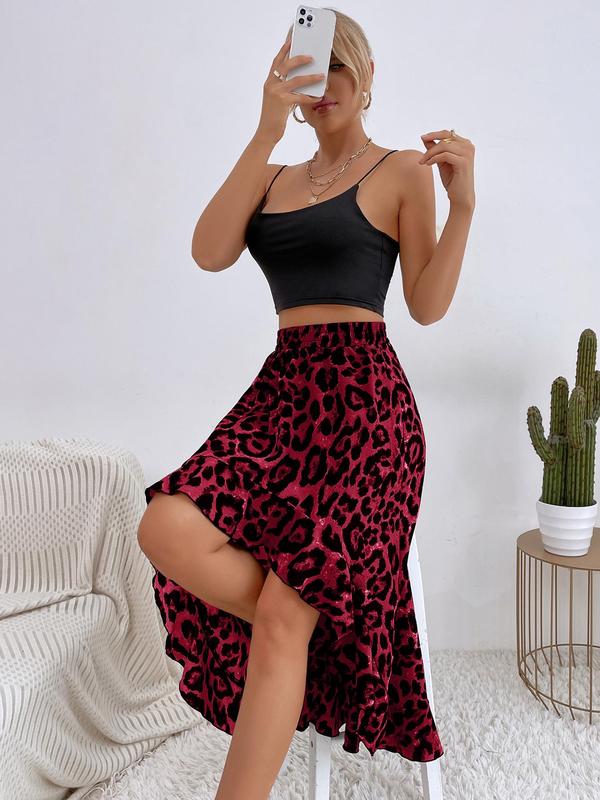 Women's Leopard Print High Low Ruffle Hem Skirt, Casual Elastic Waist A Line Skirt, Summer Clothes Women, Women's Bottoms