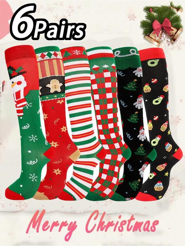 Women's Christmas Themed Over The Calf Socks, Casual Comfortable Breathable Compression Socks for Daily Wear, Women's Socks for All Seasons