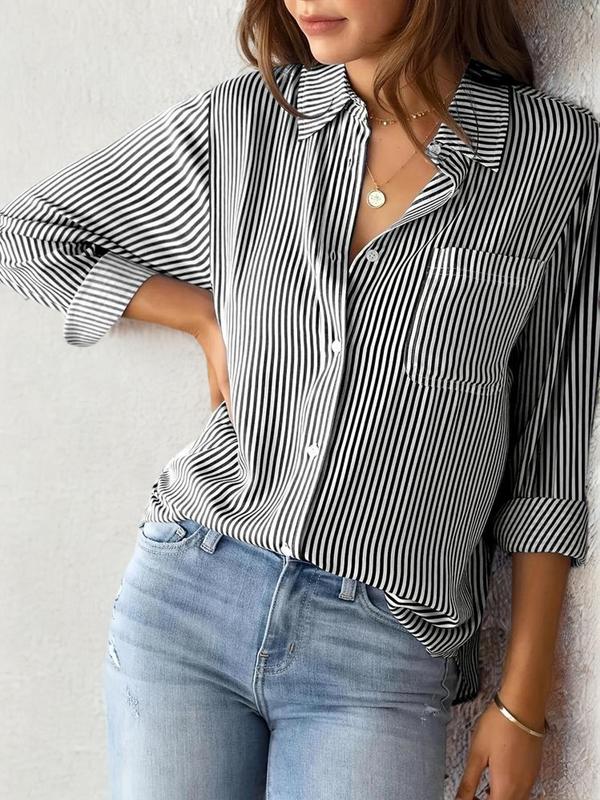 Women's Striped Print Button Front Shirt, Casual Long Sleeve Pocket Collared Top for Daily Wear, Going Out Tops, Ladies Clothes for Fall