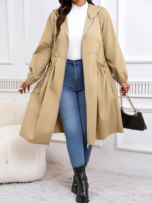 Plus Size Solid Drawstring Zip Up Hooded Coat, Casual Long Sleeve Pocket Outerwear for Fall & Winter, Women's Clothes for Daily Wear