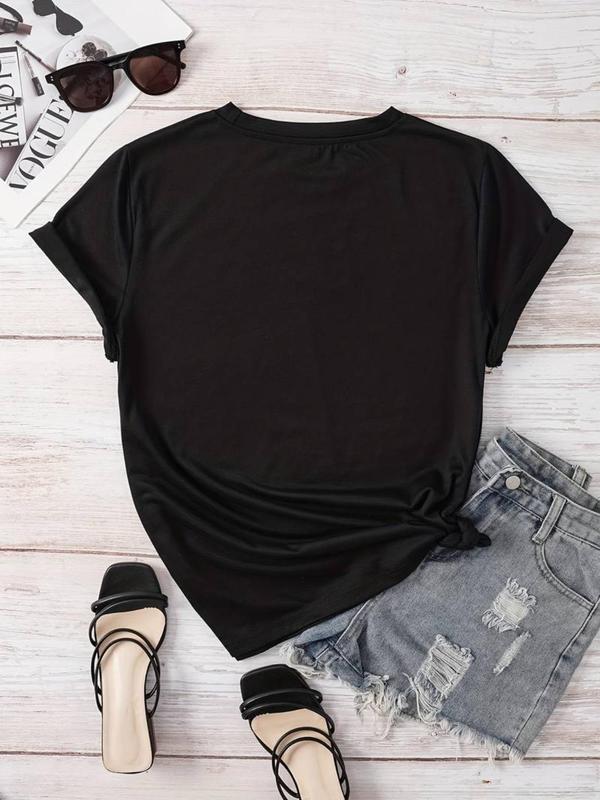  Letter Print Round Neck Tee, Casual Short Sleeve Crew Neck T-Shirt for Summer, Women's Clothing for Daily Wear