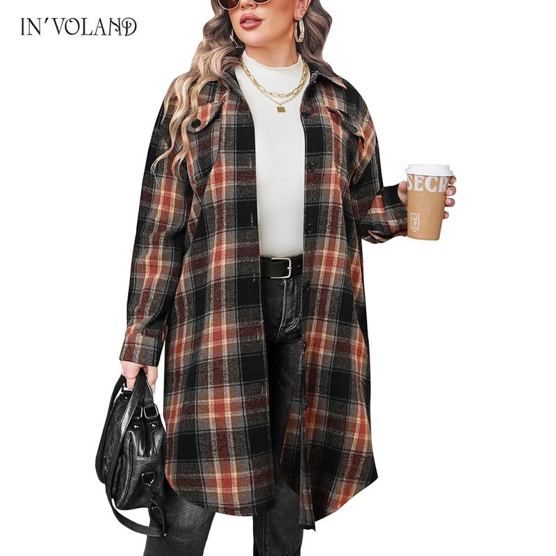 Holiday haul  IN'VOLAND Womens Plus Size Flannel Plaid Shirts Long Sleeve Lounge Lapel Boyfriend Button Down Tartan Long Jacket Coats Fabric Fashion Womenswear Check Fit Lightweight Oversized Comfort Loose Polyester Retro Suit Christmas