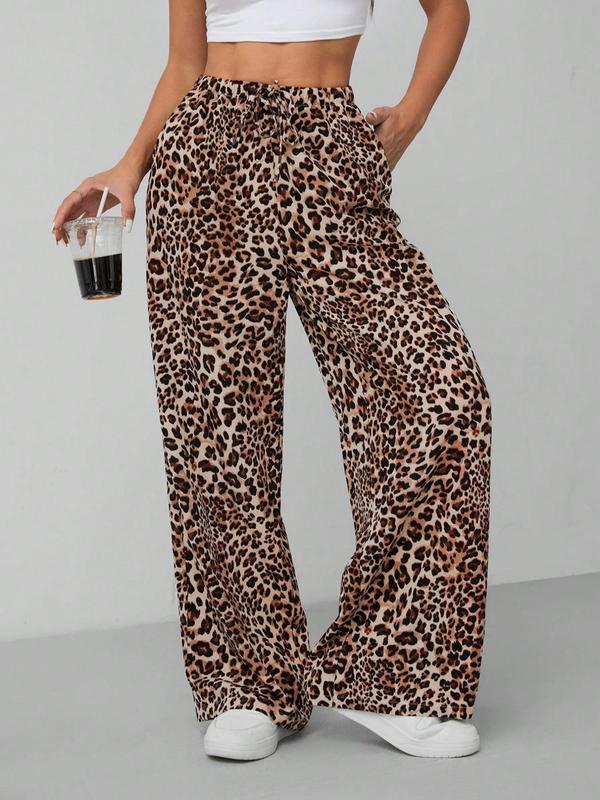 Women's Leopard Print Tie Front Pocket Wide Leg Pants, Casual Comfy Straight Leg Trousers for Daily Wear, Ladies Bottoms for All Seasons