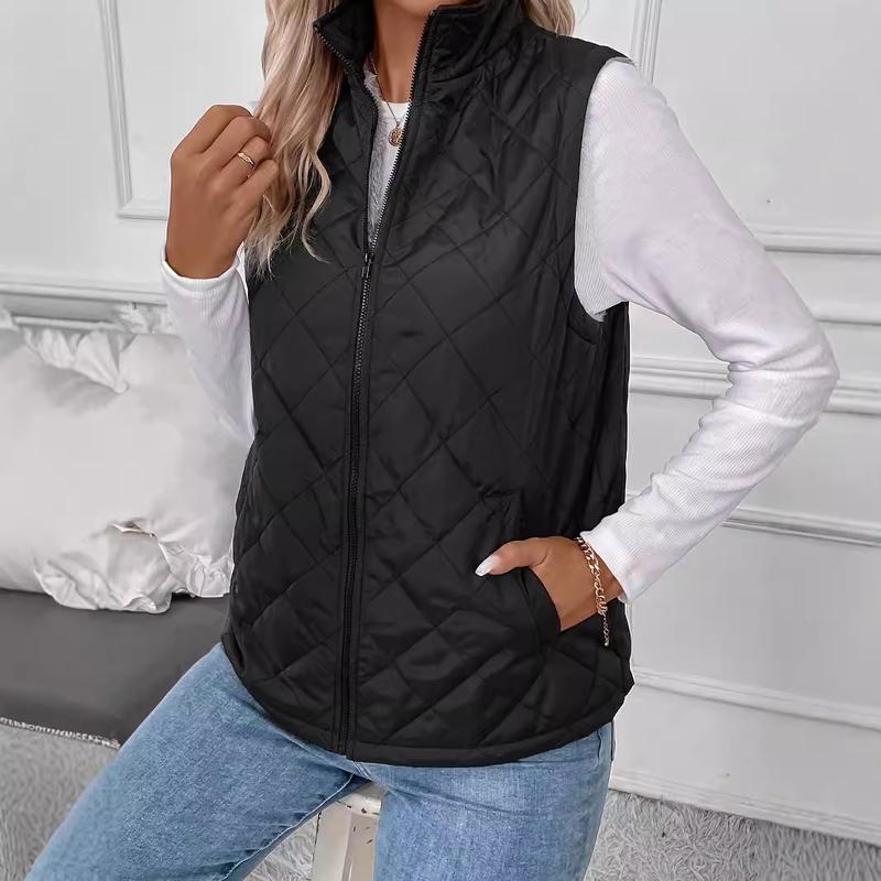 Women's Vest Padded Stand CollarLightweight Outerwear Casual Zip Pocket QuiltedVest Coat for Women