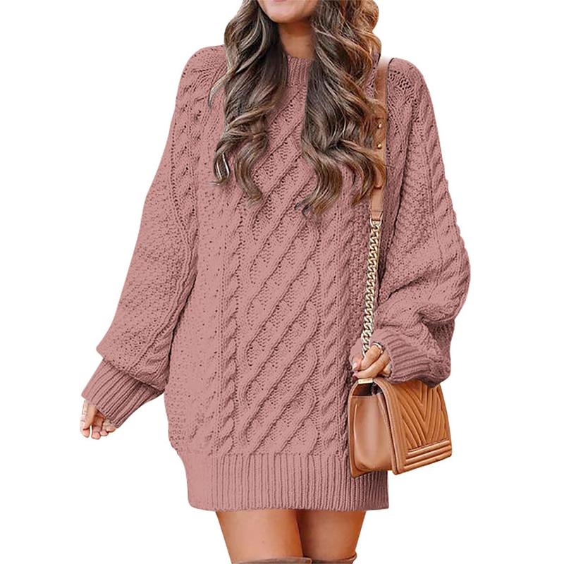 ANRABESS Women Long Sleeve Crew Neck Oversized Cable Knit Chunky Baggy Loose Pullover Tunic Mini Sweater Dress 2024 Trendy Fall Outfits Casual Womenswear