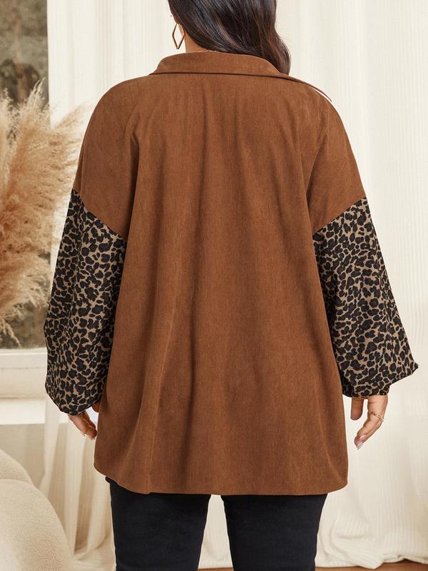 CURVZY Christmas Deals, Plus Size Colorblock Patchwork Print Button Front Corduroy Jacket, Casual Drop Shoulder Long Sleeve Pocket Outerwear for Fall & Winter, Women's Clothes for Daily Wear, Christmas 2024 Trend, Fall & Winter Clothes