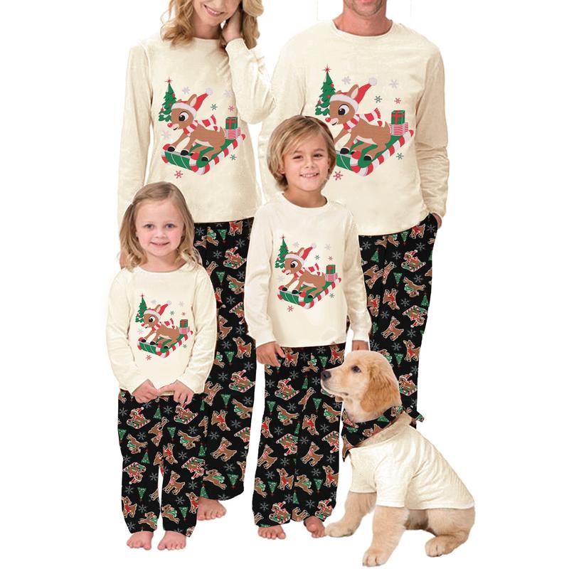 Christmas Pajamas for Family, Long Sleeve Deer Print Tops + Pants Set for Adults, Kid, Baby, Dog