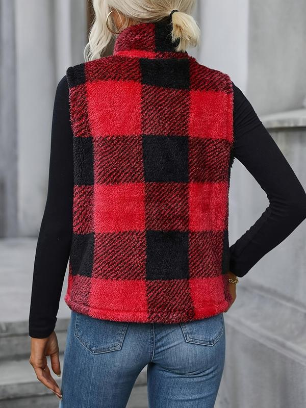 Women's Plaid Print Zip Up Fuzzy Vest Jacket, Casual Pocket High Neck Sleeveless Outerwear for Fall & Winter, Women's Clothes for Daily Wear