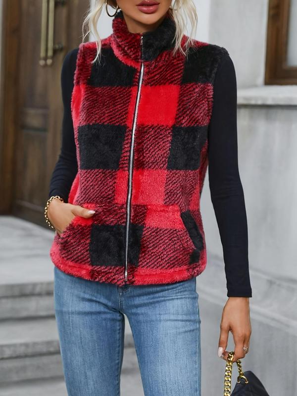 Women's Plaid Print Zip Up Fuzzy Vest Jacket, Casual Pocket High Neck Sleeveless Outerwear for Fall & Winter, Women's Clothes for Daily Wear