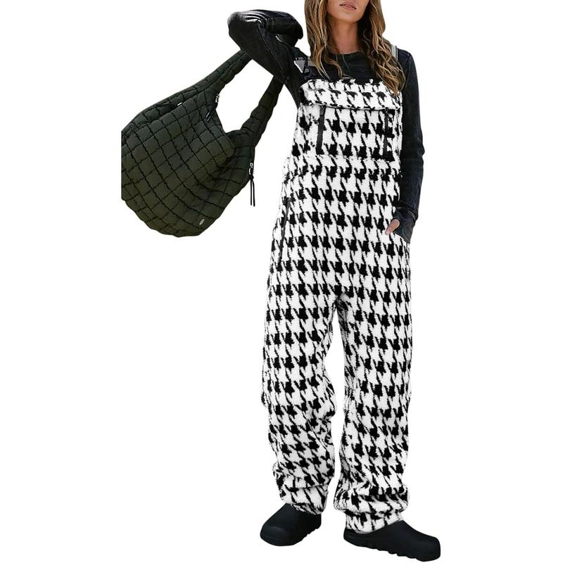 Fisoew Women's Fleece Warm Overalls Winter Fuzzy Adjustable Strap Bib Overalls Loose Casual Jumpsuits with Pockets