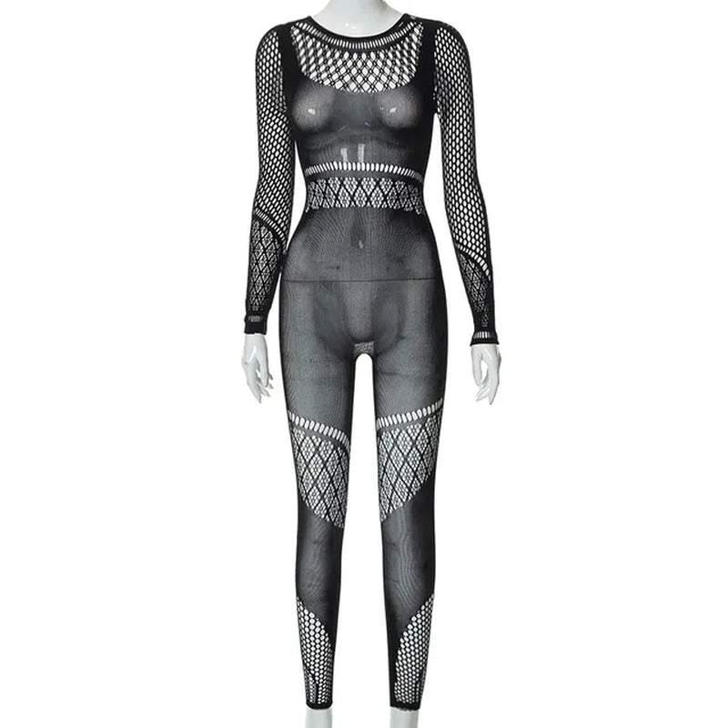 IMB Women's Black Sexy Long Sleeve See-Through Jumpsuit