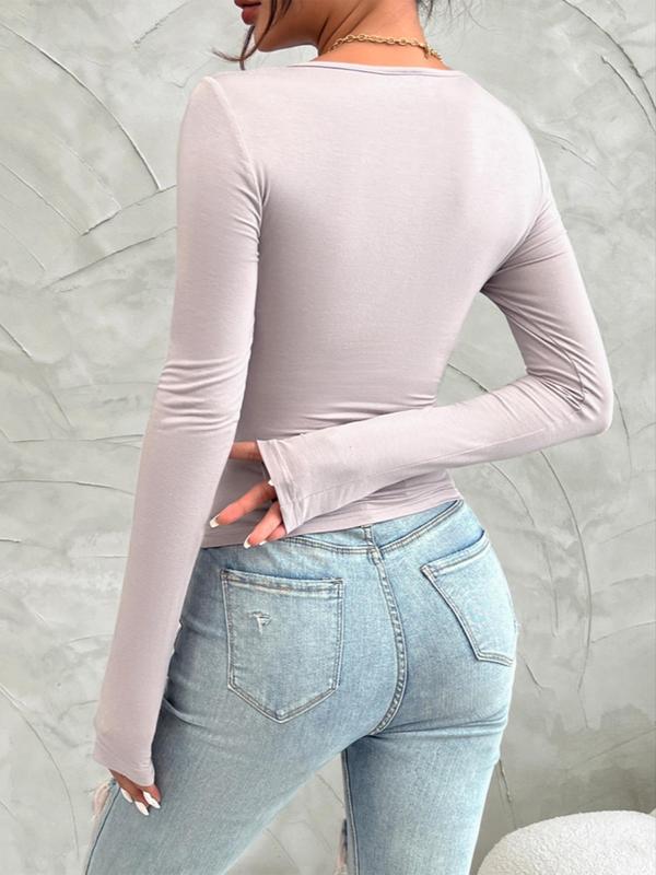 Women's Plain Twist Ruched Sweetheart Neck Tee, Casual Long Sleeve Skinny T-Shirt for Fall & Winter, Women's Clothing for Daily Wear