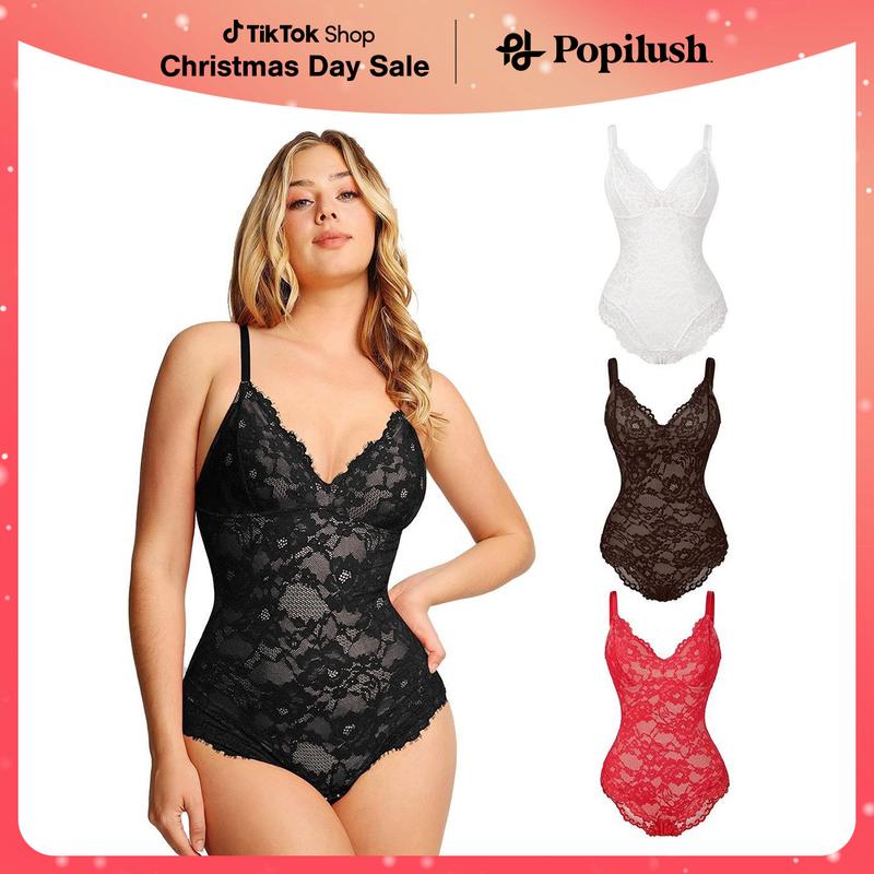 Popilush Full Lace Shapewear Bodysuit or Built-In Shapewear Faux Leather Midi Skirt Christmas