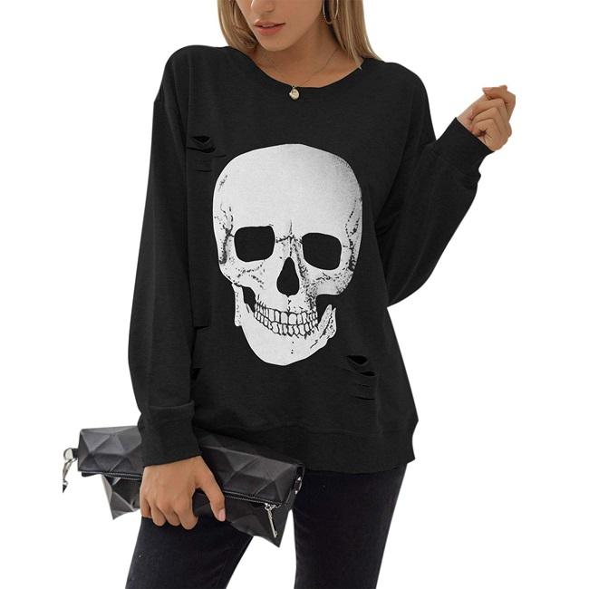 Blooming Jelly Women's Halloween Sweatshirts Skull Graphic T Shirts Long Sleeve Pullover Tops Gothic Fall Clothes