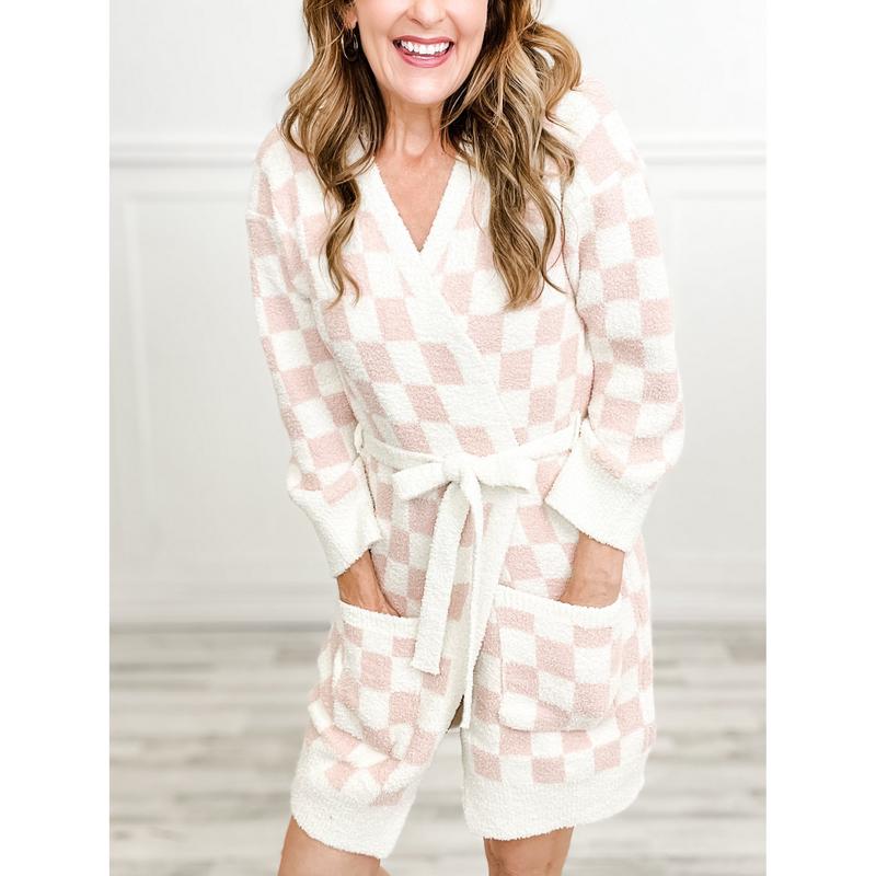 Checkered Pattern Luxury Soft Robe w Pockets and Belt