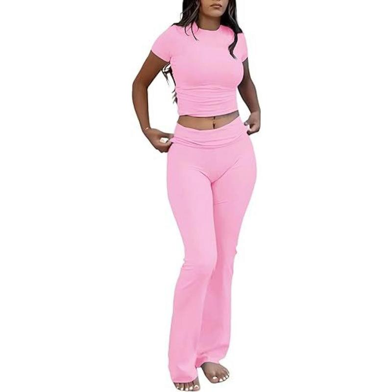 Casual Workout Women's Two-Piece Crew Neck T-shirt Low Waist Bell-Bottom Pants Sportswear Suit