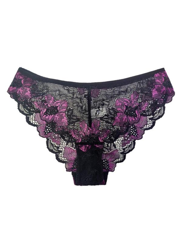 Women's Bow Decor Floral Lace Sheer Sexy Knicker, Scallop Trim Breathable Comfortable Panty for Daily Wear, Ladies Underwear for All Seasons, Underwear for Women