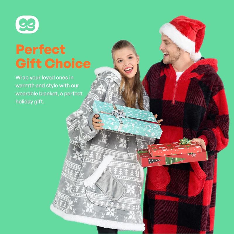 Christmas 2024 Gifts Giggling Getup Wearable Blanket Hoodie for Women Men - Oversized Flannel Sherpa Fleece Sweatshirt Blanket - with Giant Pocket & Sleeves - Cozy Warm Blanket Gifts for Adults Grey Snowflake