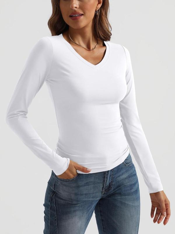 Women's Plain V Neck Long Sleeve Tee, Casual Solid T-Shirt for Spring & Fall, Women's Top for Daily Wear