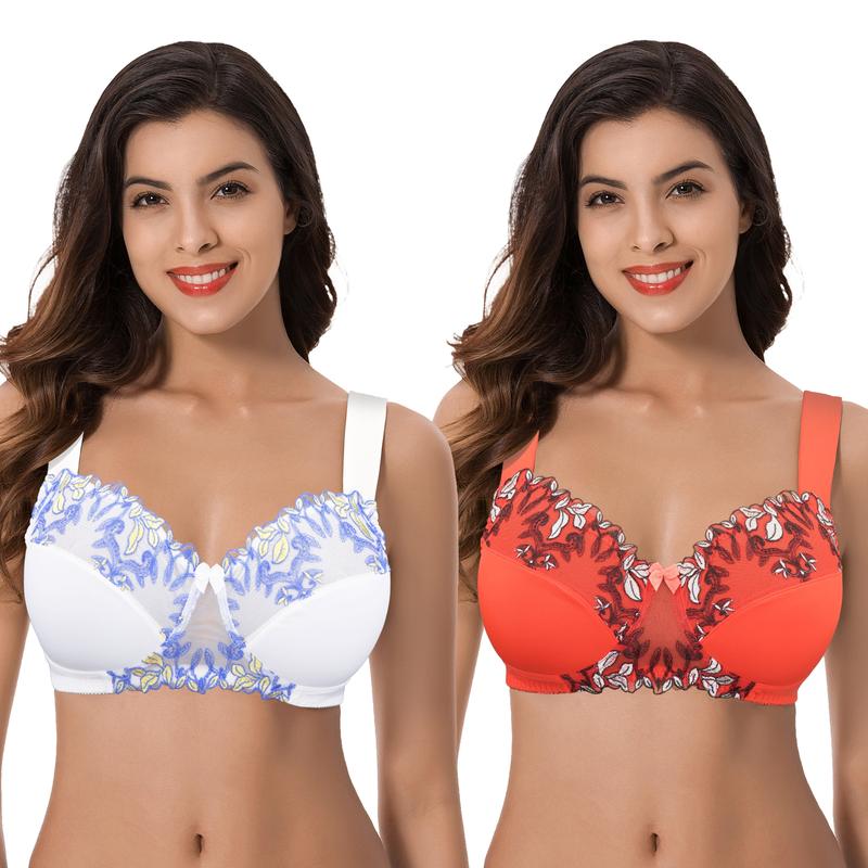 Women's Plus Size Minimizer Wireless Unlined Bra with Embroidery Lace Spandex Womenswear