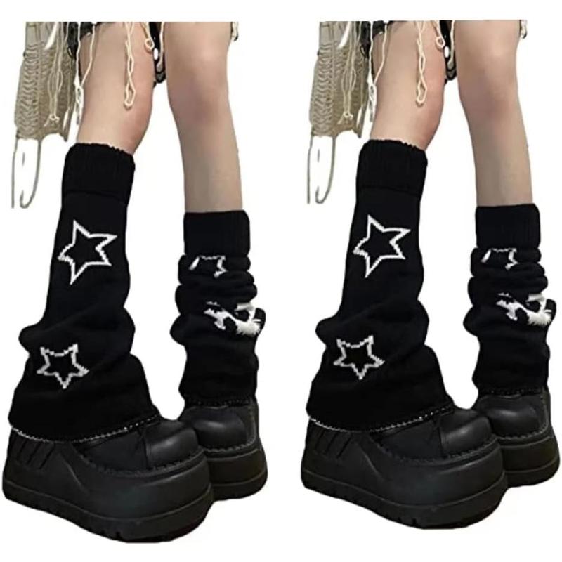 Y2k Star Skull Print Two Side Wear Knitted Leg Warmers Socks Punk Girls Japanese Kawaii Streetwear Leg Cover