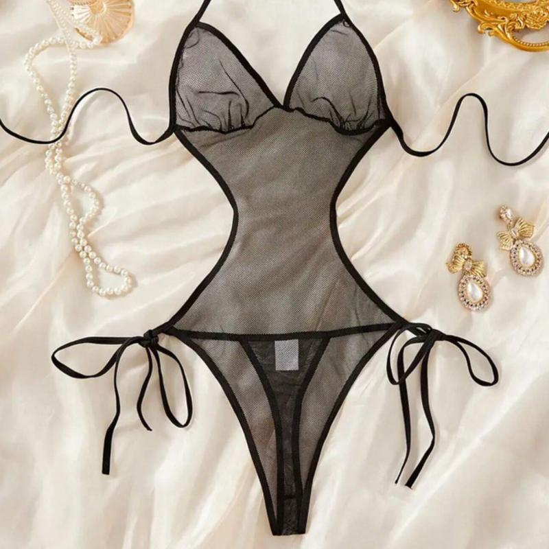 Women's Mesh Drawstring Sexy Lingerie Set - Transparent Tight-Fitting Bodysuit - Tops, Womenswear