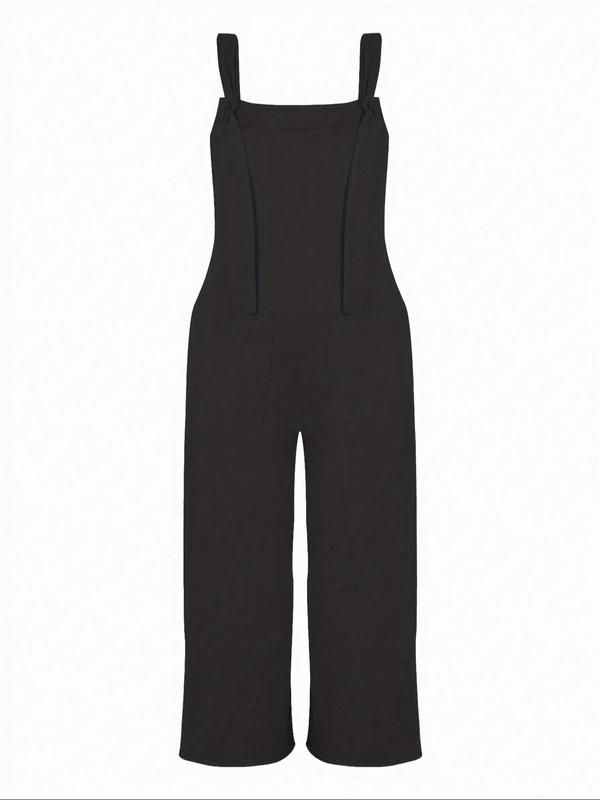  Solid Color Knot Front Jumpsuit, Casual Pocket Elastic Waist Overalls for Daily Wear, Women's Clothing for Fall & Winter