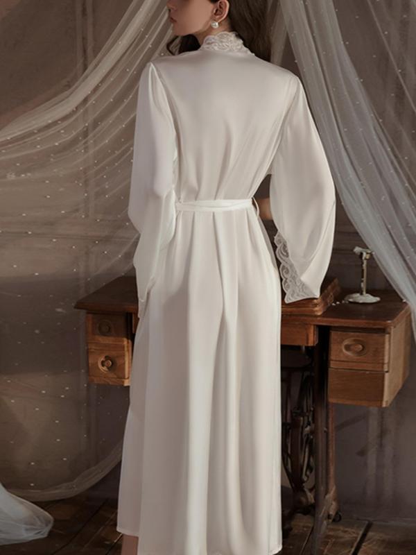 Women's Contrast Lace Belted Satin Robe, Long Sleeve V Neck Lounge Robe, Bride's Robe, Women's Sleepwear for Spring & Fall