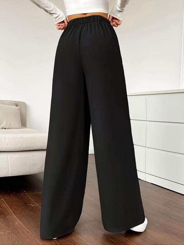 Women's Solid Pocket Elastic Waist Wide Leg Pants, Casual Comfy Trousers for Daily Wear, Ladies Bottoms for All Seasons