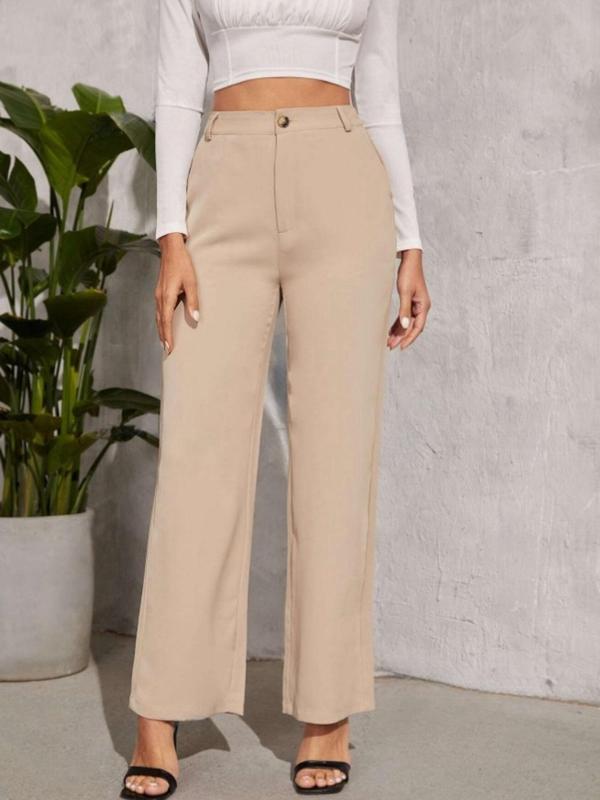 Women's Solid Button Fly Pocket Straight Leg Pants, Casual Comfy High Waist Trousers for Work Office Business, Ladies Bottoms for All Seasons