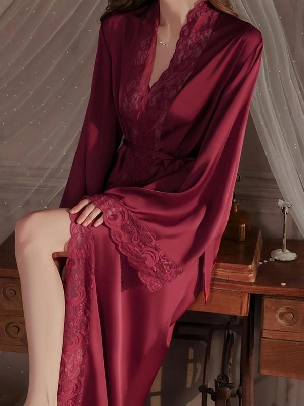 Women's Contrast Lace Belted Satin Robe, Long Sleeve V Neck Lounge Robe, Bride's Robe, Women's Sleepwear for Spring & Fall