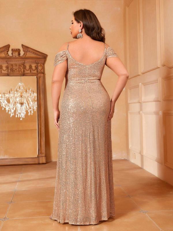 Plus Size Glitter Sequin Cold Shoulder Split Thigh Maxi Party Dress, Elegant Minimalist Short Sleeve Deep V Neck Wrap Evening Gown, Women's Formal Clothes for Occasion Festival Formal Wear, Womenswear, Dresses for Women, Birthday Dress