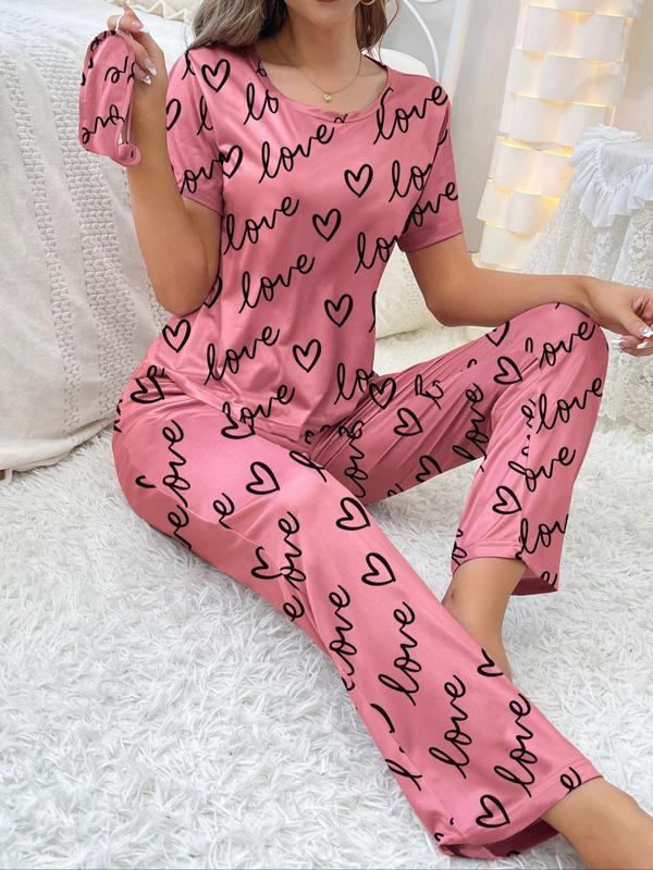 Two-Piece Set Women's Heart Print Tee & Pj Pants Pajama Set, Summer Clothes Women, Summer Wear, Crew Neck Shortsleeve T-shirt & Trousers Pj Set, Comfort Casual Comfy Pajamas Set, Lady Sleepwear & Loungewear Set for Summer Homewear, Black Girl Wear