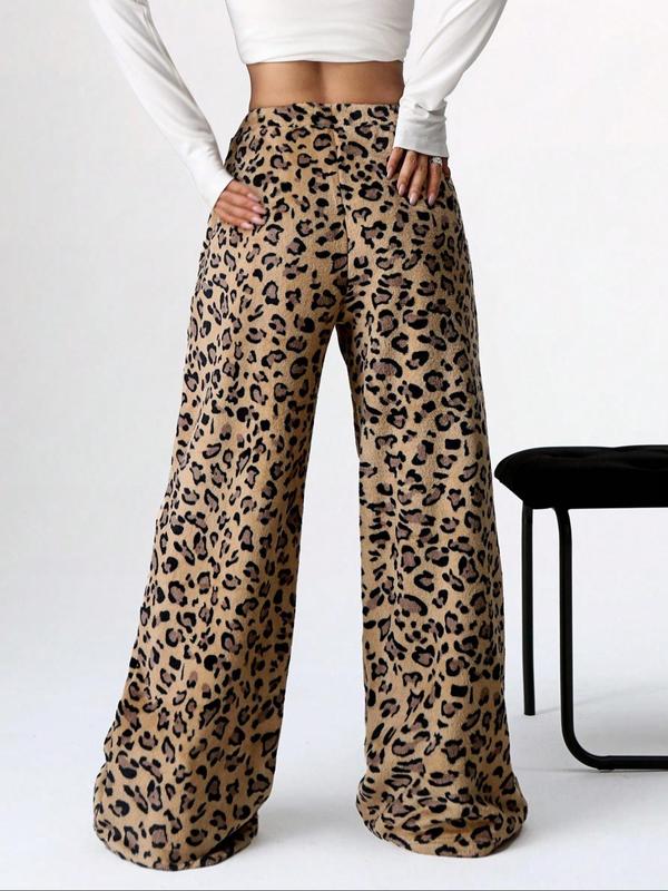 Women's Leopard Print Bow Decor Plush Wide Leg Pants, Casual Comfy Elastic Waist Trousers for Fall & Winter, Women's Bottoms for Daily Wear