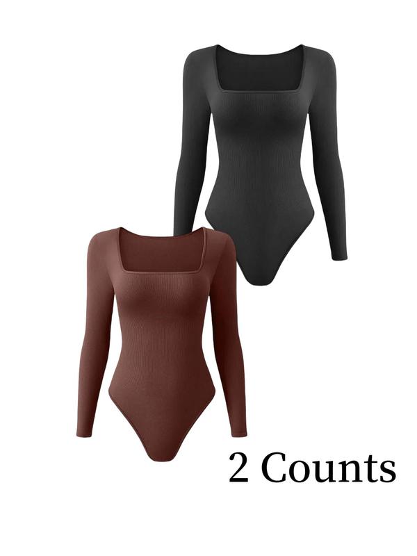 Solid Square Neck Long Sleeve Shapewear Bodysuit, Casual Comfy Tummy Control Shaper for Daily Wear, Ladies Shapewear for All Seasons Womenswear Tops Comfort Longsleeves